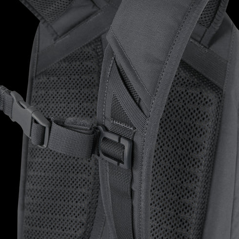 Close-up of Condor Elite Fail Safe Urban Backpack Gen II 18L’s black shoulder straps with mesh padding and adjustable buckle—ideal for EDC or first responder use.